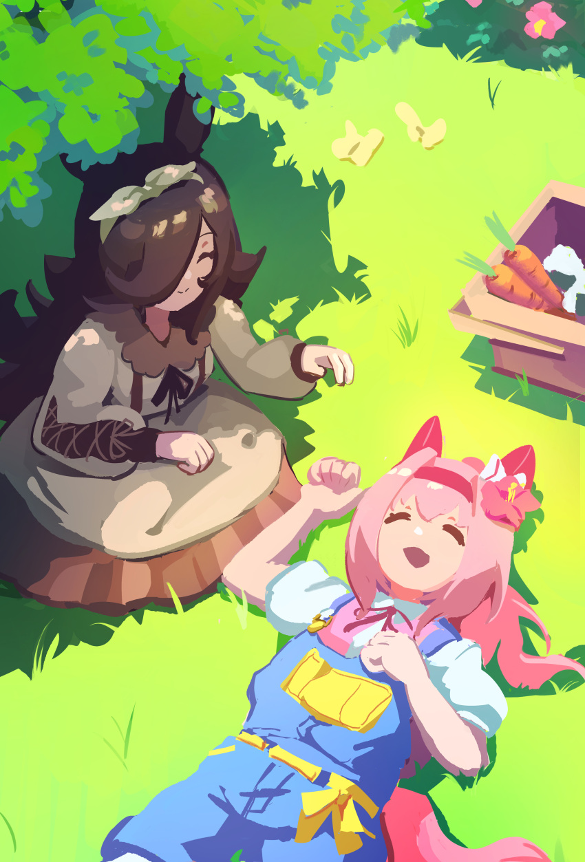 2girls, absurdres, ago_(owenanaken), animal_ears, blue_overalls, bow, bow_hairband, brown_dress