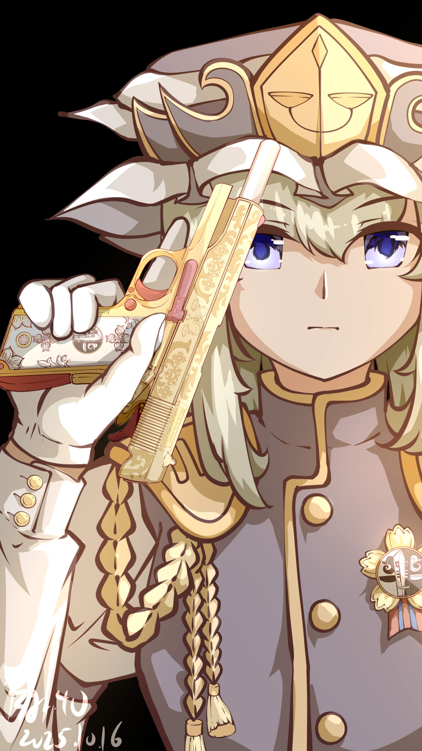1girl, absurdres, black_background, blue_eyes, buttons, chinese_commentary, closed_mouth, commentary_request