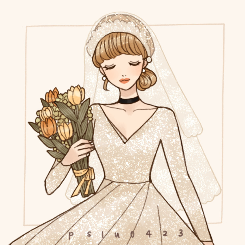 1girl, animification, blonde_hair, cinderella_(disney_character), cinderella_(disney_movie), closed_eyes, closed_mouth, dress, highres, jewelry, long_sleeves, makeup, peilu_(pslu0423), princess, red_lips, simple_background, sleeveless, sleeveless_dress, smile, solo, tiara, white_dress