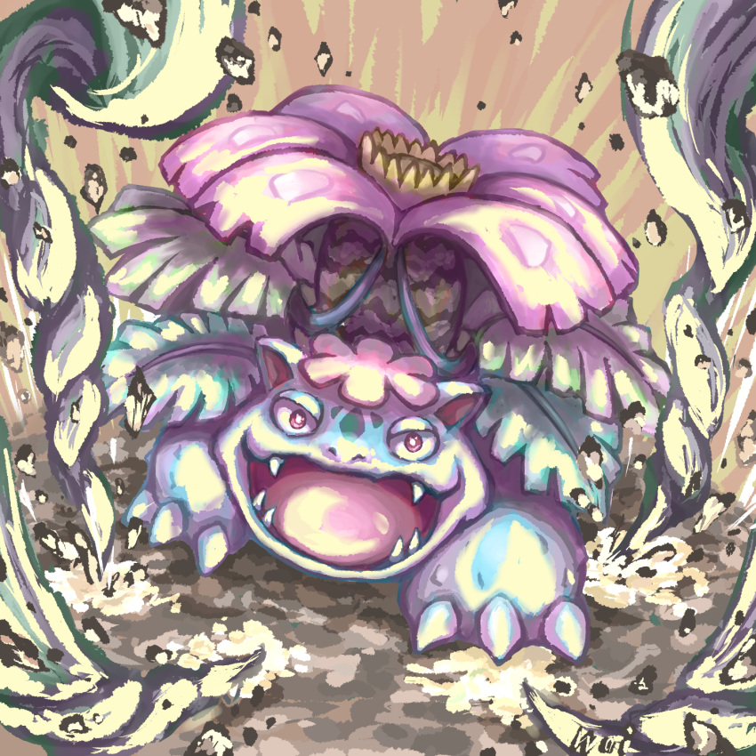 bright_pupils, claws, commentary_request, debris, fangs, flower, frenzy_plant_(pokemon), highres