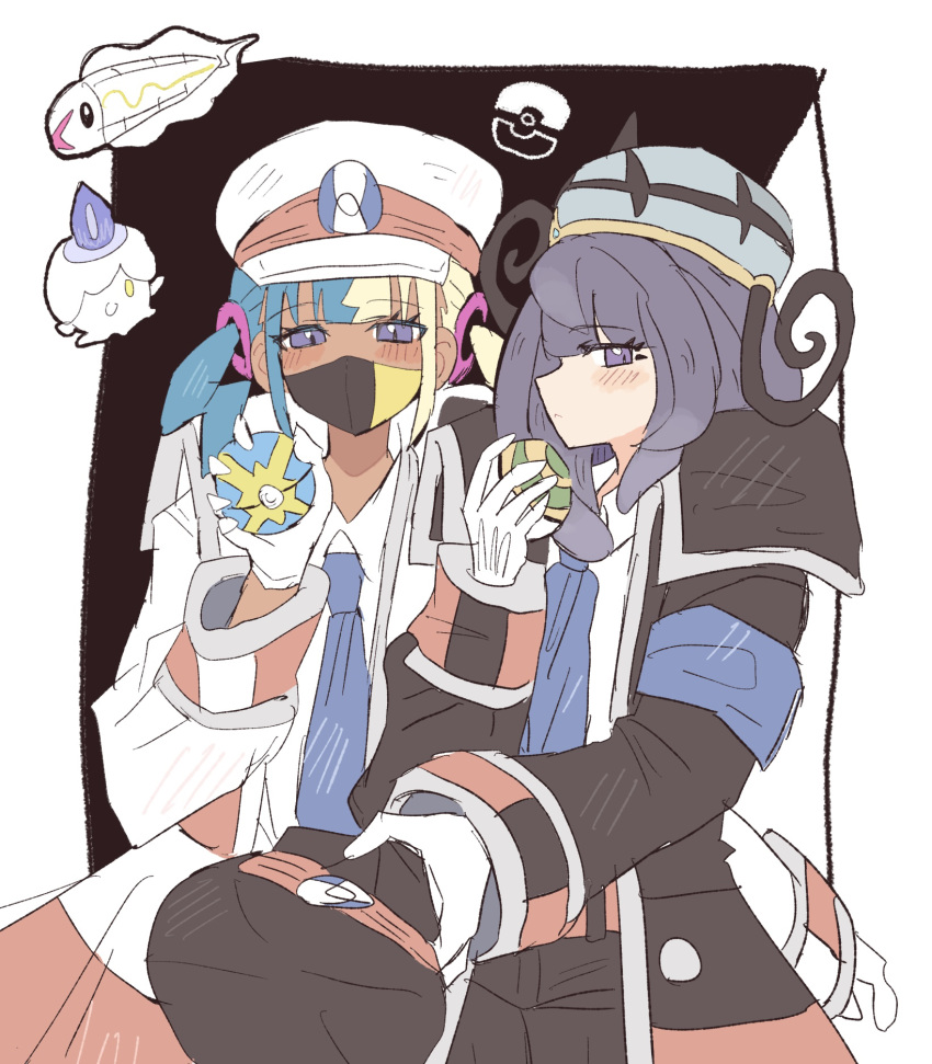 2girls, bad_id, bad_pixiv_id, black_coat, black_hat, blonde_hair, blue_hair, blush