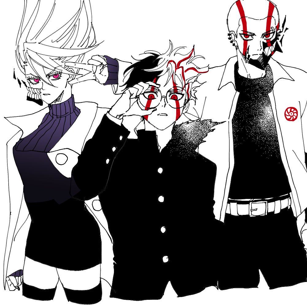 1girl, 2boys, acrobatic_silky_(dandadan), adjusting_eyewear, black_dress, black_hair, black_jacket, black_nails, black_pants, black_shirt, black_thighhighs, breasts, dandadan, dress, earrings, eyebrow_piercing, face_piercing, facial_mark, gakuran, glasses, hair_between_eyes, jacket, jewelry, long_hair, medium_breasts, multicolored_hair, multiple_boys, multiple_earrings, nail_polish, pants, parted_lips, piercing, red_eyes, red_hair, rotomem, round_eyewear, school_uniform, shiratori_aira_(dandadan), shirt, short_hair, streaked_hair, sweater, sweater_dress, takakura_ken_(dandadan), takakura_ken_(transformed)_(dandadan), teeth, thigh-highs, turtleneck, turtleneck_dress, turtleneck_sweater, two-tone_hair, v, very_short_hair, white_background, white_hair, white_jacket, zuma_unji