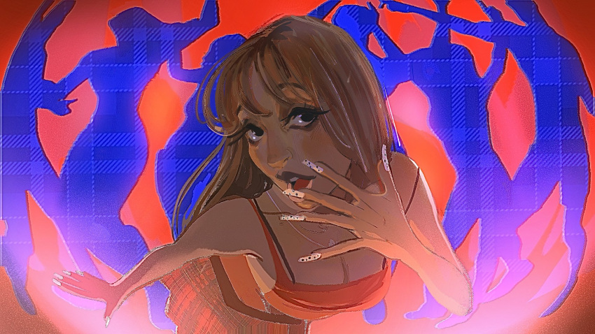 1girl, black_eyes, blue_background, brown_hair, camisole, commentary, dark-skinned_female, dark_skin, fingernails, from_above, highres, layux, long_fingernails, long_hair, open_mouth, pinkpantheress, plaid_background, plaid_clothes, plaid_skirt, real_life, red_camisole, red_skirt, skirt, solo, white_nails