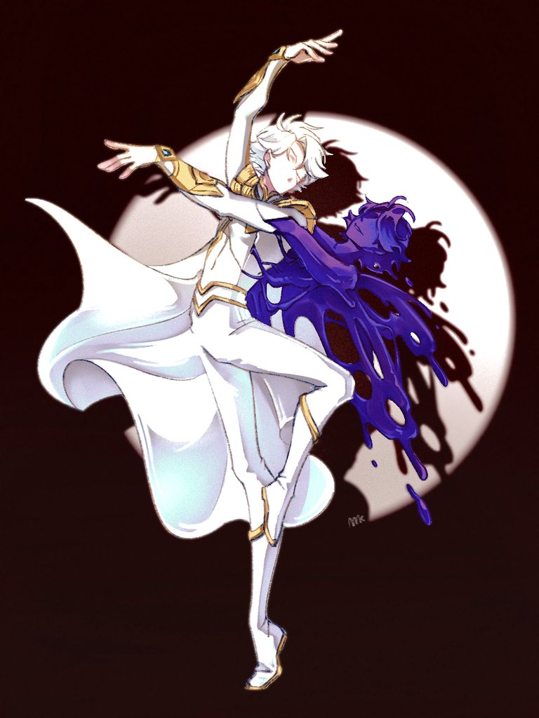 1boy, armor, baiquan2025, boots, cape, cracked_skin, dancing, dual_persona, full_body, gold_trim, hair_between_eyes, jacket, male_focus, nice_(to_be_hero_x), pants, short_hair, shoulder_armor, solo, spotlight, to_be_hero, to_be_hero_x, white_boots, white_cape, white_hair, white_jacket, white_pants