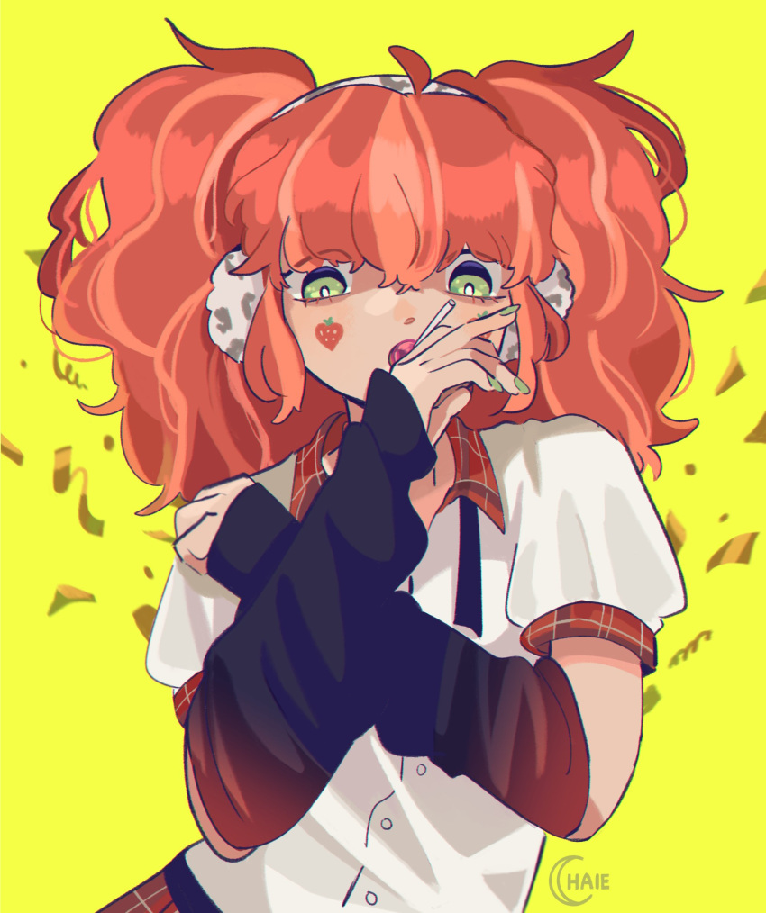 1girl, absurdres, alternate_costume, bright_pupils, buttons, candy, chaie, commentary