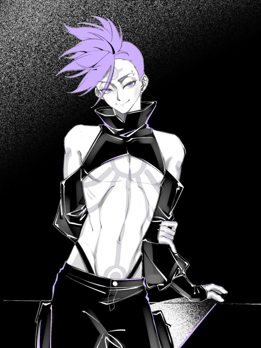 1boy, arm_behind_back, asymmetrical_hair, baiquan2025, bare_shoulders, black_pantyhose, black_shirt, black_sleeves