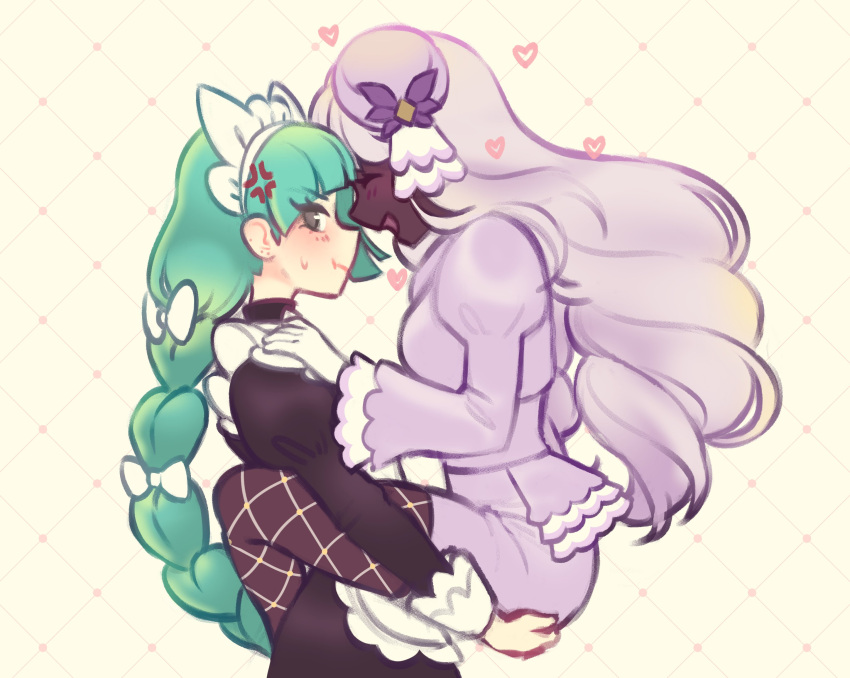 ^_^, absurdres, anger_vein, apron, averting_eyes, bow, braid, braided_ponytail