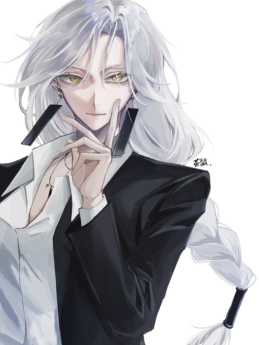 1girl, black_jacket, braid, breasts, cha_nez, closed_mouth, collared_shirt, hand_on_own_cheek, hand_on_own_face, highres, jacket, jewelry, long_hair, looking_at_viewer, medium_breasts, necklace, pale_skin, parted_bangs, queen_(to_be_hero_x), rectangular_earrings, shirt, single_braid, solo, sparkling_eyes, suit_jacket, to_be_hero, to_be_hero_x, upper_body, white_background, white_hair, white_shirt, yellow_eyes