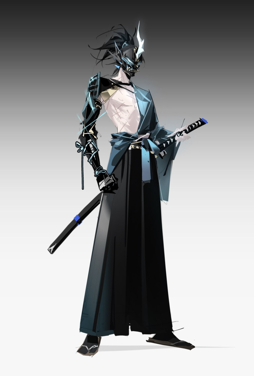 1boy, armor, black_armor, black_hair, black_hakama, black_pants, e-soul_(to_be_hero_x), full_body