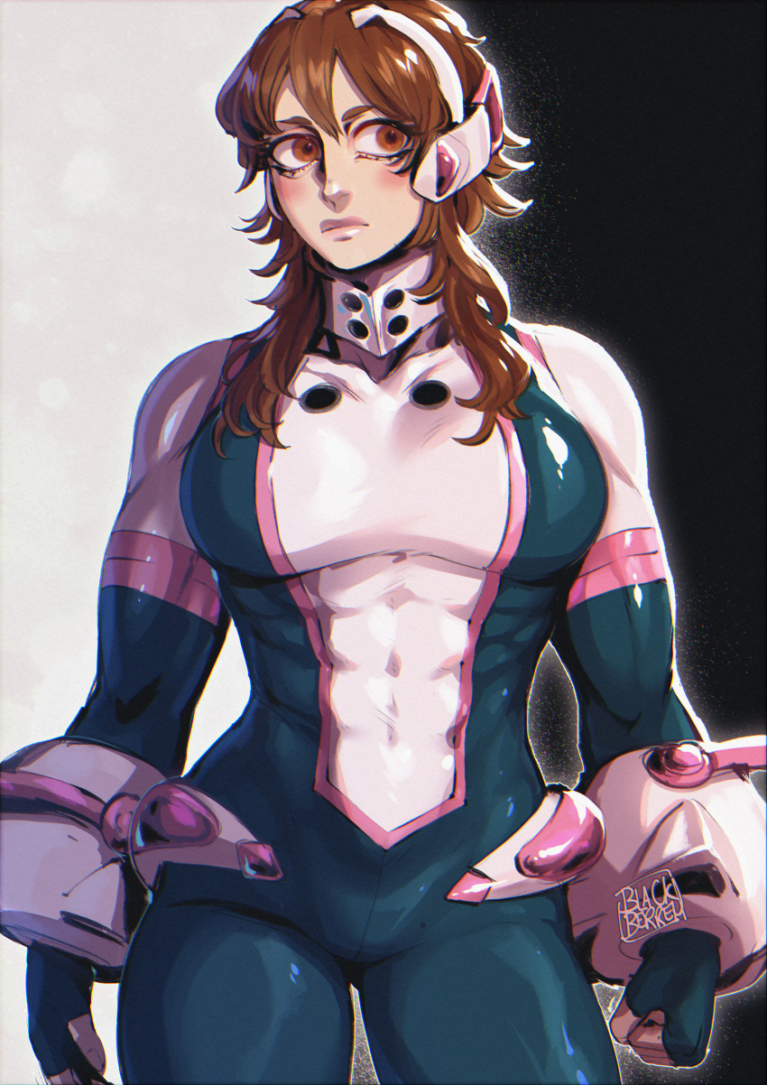 1girl, absurdres, blackberreh-art, blush, bodysuit, boku_no_hero_academia, breasts, brown_eyes, brown_hair, highres, large_breasts, lips, muscular, muscular_female, sidelocks, solo, uraraka_ochaco