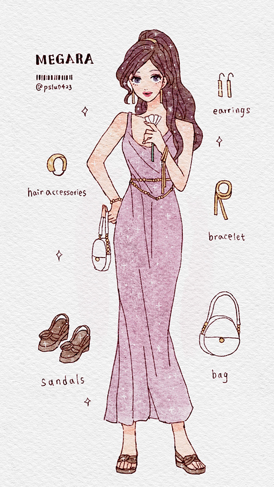 1girl, animification, bare_shoulders, brown_hair, dress, eyeshadow, greco-roman_clothes, hercules_(1997_movie), jewelry, long_hair, looking_at_viewer, makeup, megara_(disney), peilu_(pslu0423), ponytail, purple_dress, simple_background, sleeveless, smile, solo, violet_eyes