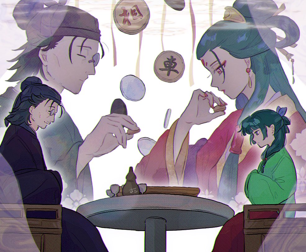 1boy, 2girls, beads, black_hair, blue_eyes, blue_ribbon, blunt_bangs, board_game