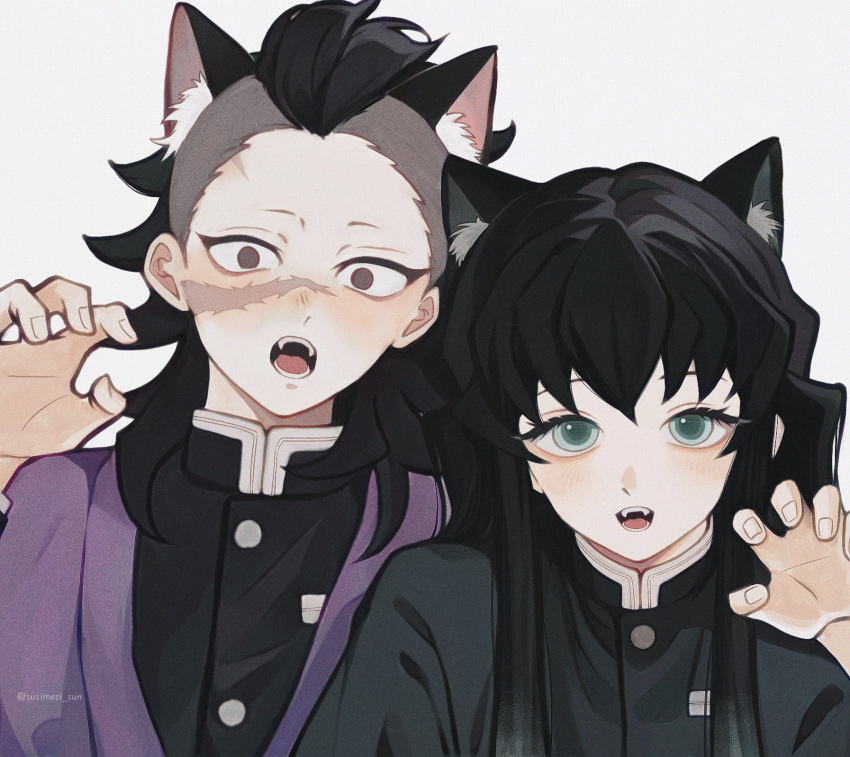 2boys, animal_ears, aqua_eyes, black_hair, buttons, cat_boy, cat_ears, demon_slayer_uniform, fangs, fingernails, grey_eyes, grey_hair, hand_up, high_collar, highres, kimetsu_no_yaiba, long_hair, looking_at_viewer, male_focus, multiple_boys, open_mouth, paw_pose, shinazugawa_genya, simple_background, susimesi_sun, teeth, tokitou_muichirou, white_background