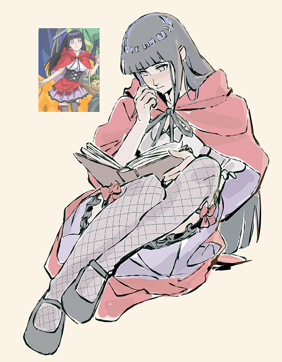 1girl, beerenfuchs, black_hair, black_shoes, blunt_bangs, book, cape, commentary