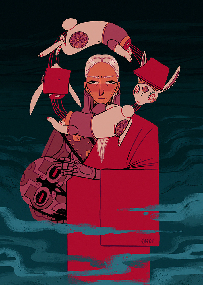 1girl, aurelie-a, closed_mouth, commentary, english_commentary, fog, hair_over_shoulder, helmet, holding, holding_unworn_helmet, k_(kyokugen_dasshutsu), kurashiki_akane, kyokugen_dasshutsu, kyokugen_dasshutsu_adv:_zennin_shibou_desu, long_hair, looking_at_viewer, old, old_woman, rabbit, red_robe, robe, spoilers, straight-on, unworn_headwear, unworn_helmet, white_hair, zero_iii