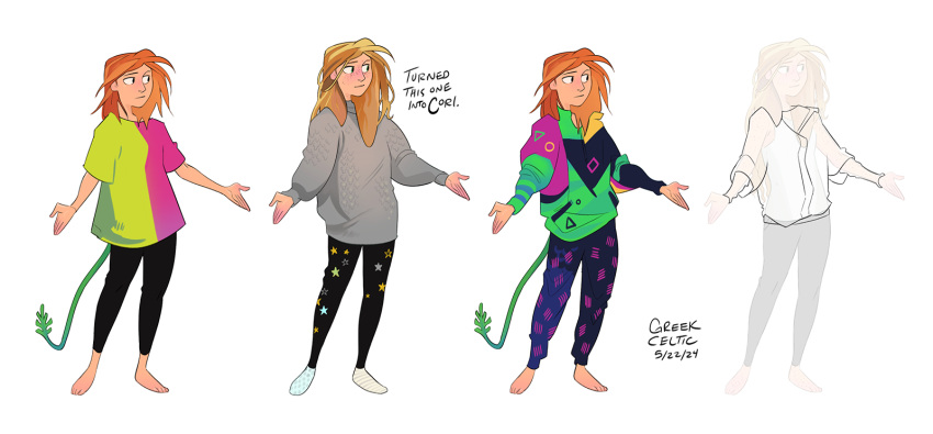 1girl, black_pants, black_shirt, blue_pants, dated, full_body, greekceltic, green_shirt