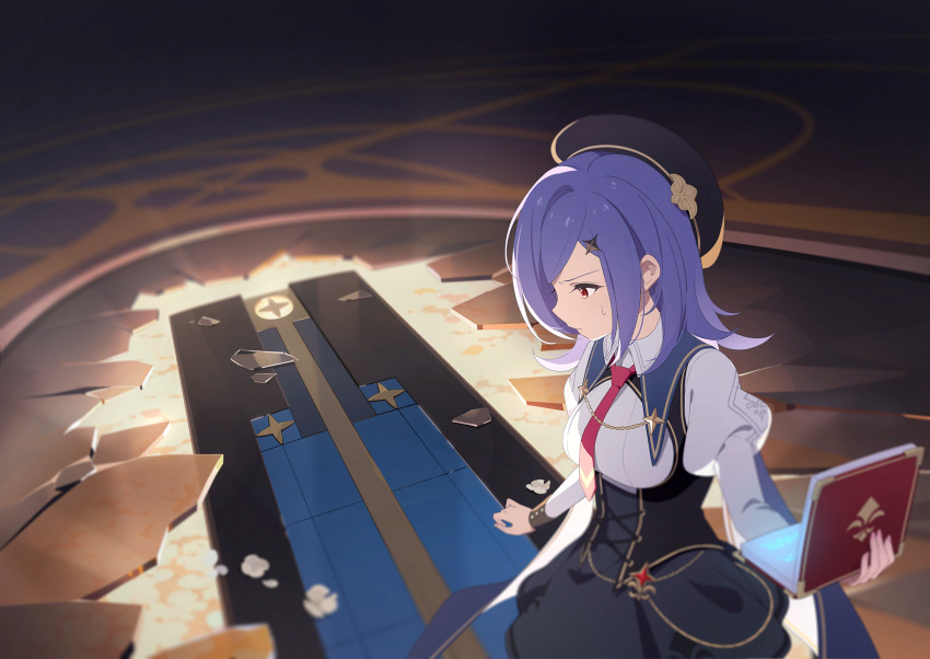 1girl, beret, black_hat, black_skirt, book, box, breasts, broken_glass
