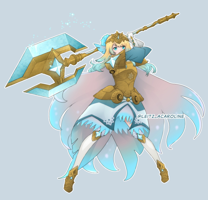 1girl, absurdres, armor, armored_dress, axe, blonde_hair, blue_hair, breastplate, dress, fire_emblem, fire_emblem_heroes, fjorm_(fire_emblem), fjorm_(ice_ascendant)_(fire_emblem), full_body, gloves, grey_background, highres, holding, holding_axe, holding_weapon, leitz_acaroline, long_hair, multicolored_hair, official_alternate_costume, simple_background, solo, twitter_username, weapon, white_gloves