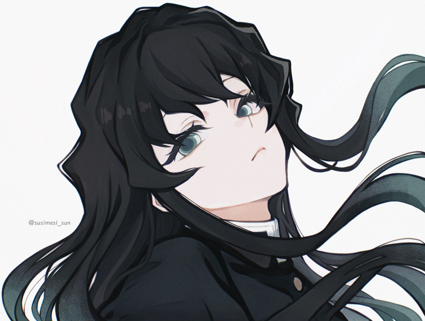 1boy, aqua_eyes, aqua_hair, black_hair, black_jacket, buttons, closed_mouth, empty_eyes