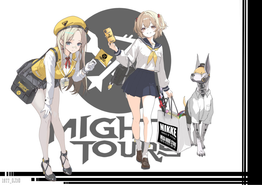 1977_oj3, 2girls, bag, bandaid, bandaid_on_face, bandaid_on_nose, beret, black_shoes