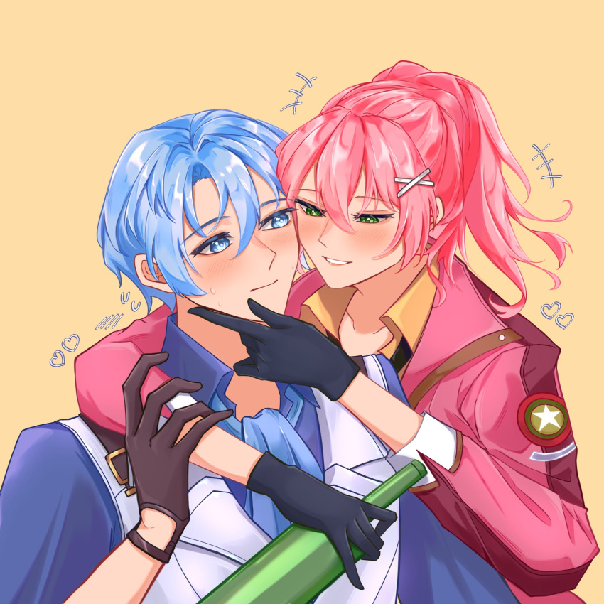 1boy, 1girl, black_gloves, blue_eyes, blue_hair, blue_neckerchief, bottle, brown_gloves