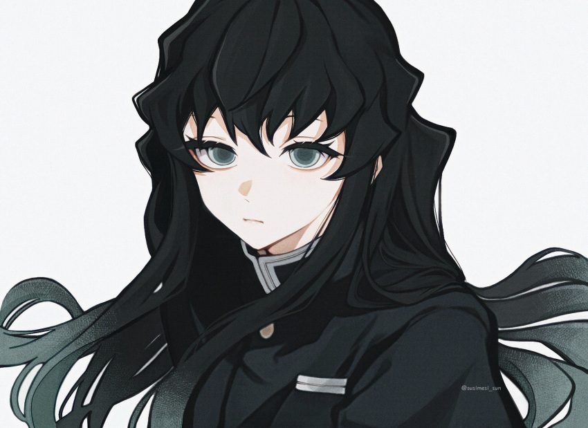 1boy, aqua_eyes, aqua_hair, black_hair, black_jacket, buttons, closed_mouth, empty_eyes