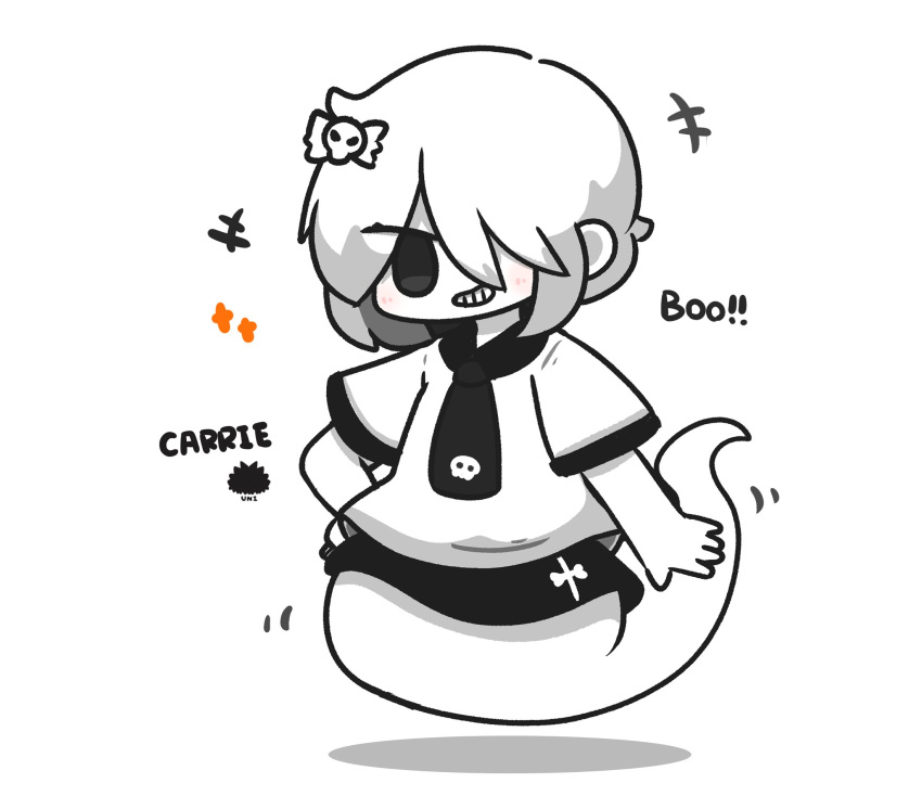 +++, 1girl, black_skirt, bow, carrie_krueger, character_name, chibi, collared_shirt