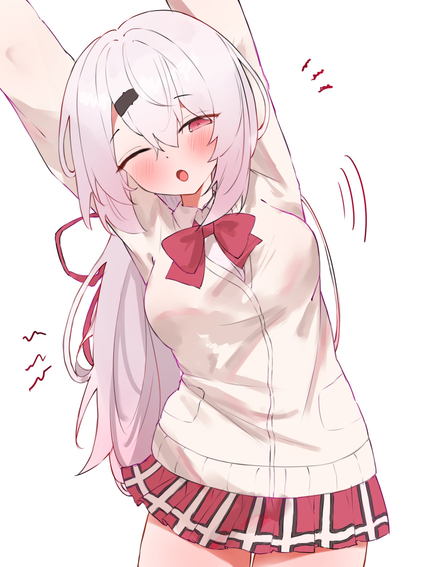 1girl, ;o, absurdres, arms_up, blush, bow, bowtie, breasts, cardigan, collared_shirt, commentary, hair_between_eyes, hair_ornament, hair_ribbon, hairclip, highres, large_breasts, long_hair, long_sleeves, looking_at_viewer, nijisanji, one_eye_closed, open_mouth, pink_eyes, pink_hair, pleated_skirt, red_bow, red_bowtie, red_ribbon, red_skirt, ribbon, shiina_yuika, shiina_yuika_(1st_costume), shirt, simple_background, skirt, solo, stretching, tepenchi, thighs, virtual_youtuber, white_background, white_shirt, yellow_cardigan