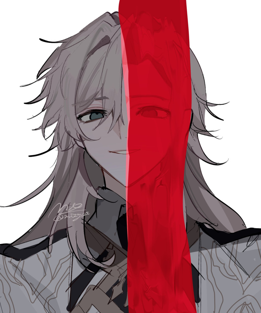 1boy, ambiguous_red_liquid, artist_name, blonde_hair, empty_eyes, grin, hair_between_eyes, highres