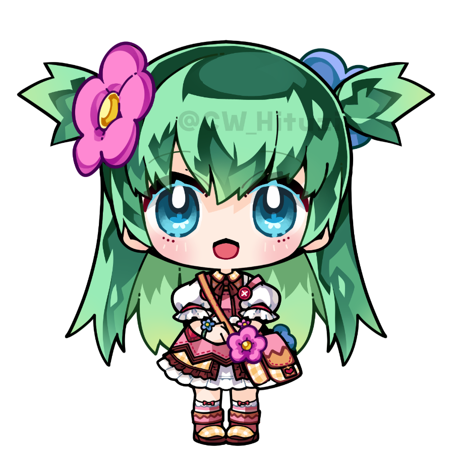 1girl, apron, bag, blue_eyes, brown_jacket, chibi, cw_hituzi, dress