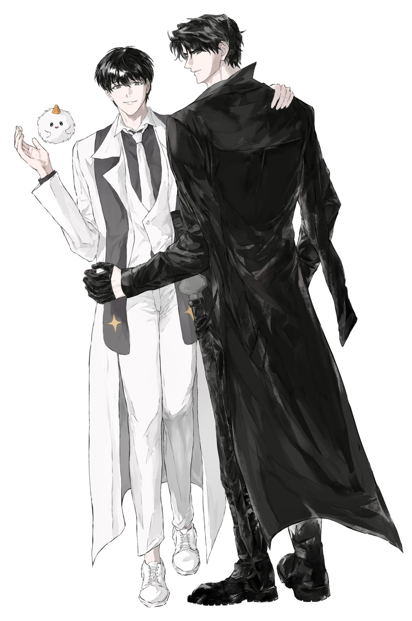 2boys, 8d2suga9, animal, biyoo_(omniscient_reader's_viewpoint), black_coat, black_gloves, black_hair, black_scarf