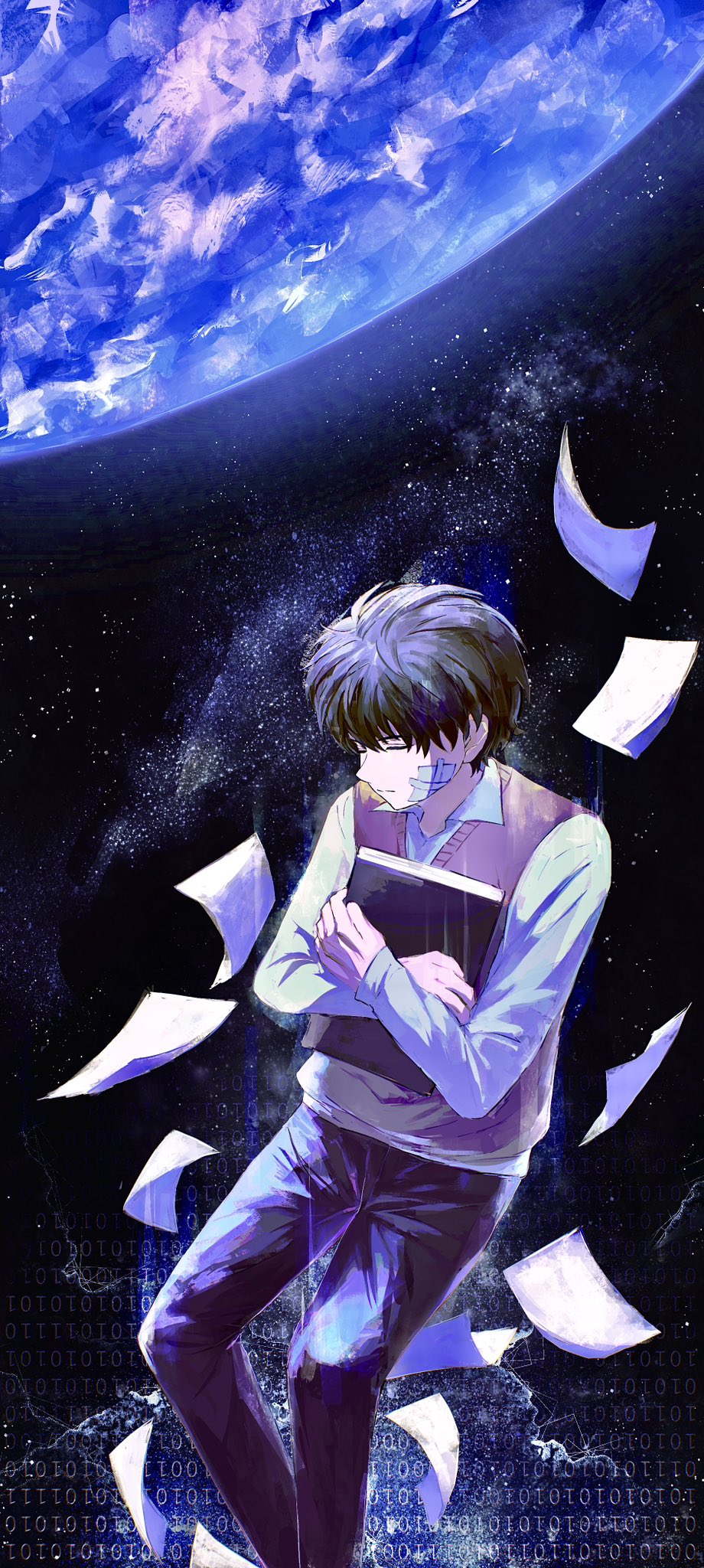 1boy, 8d2suga9, bandaid, bandaid_on_face, binary, black_hair, book, brown_vest