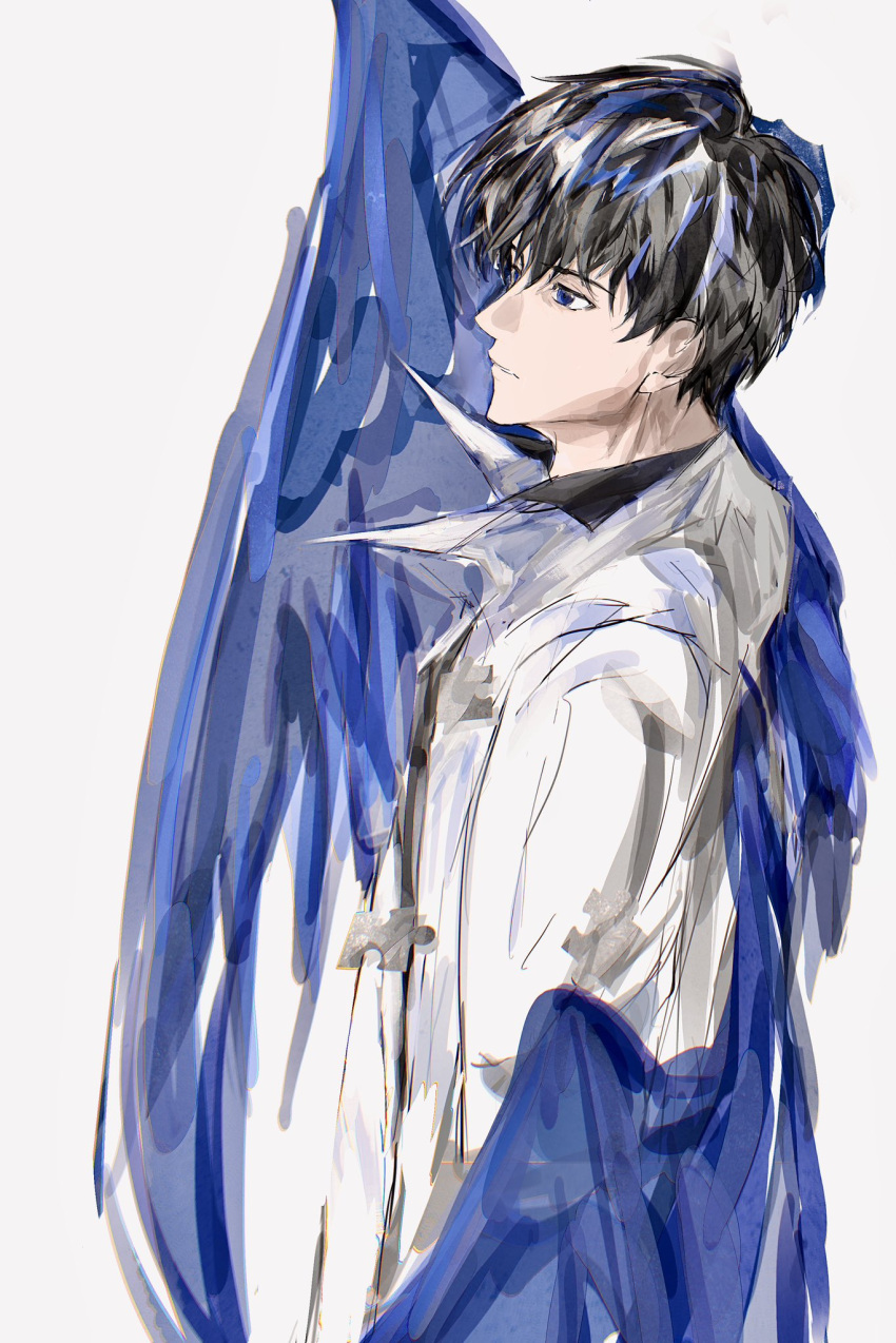 1boy, 8d2suga9, black_eyes, black_hair, black_shirt, blank_stare, blue_wings, coat
