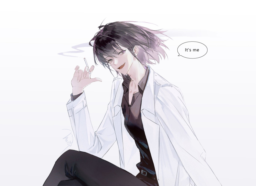 1girl, black_eyes, black_hair, black_shirt, bob_cut, cigarette, coat, collared_shirt