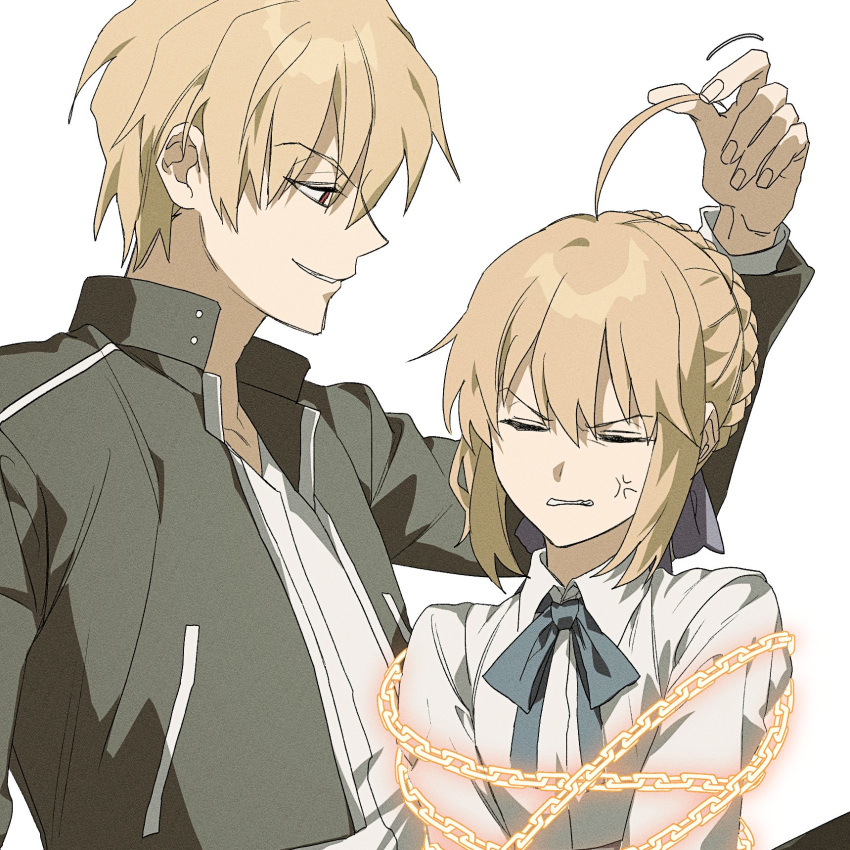 0304rong0304, 1boy, 1girl, ahoge, anger_vein, artoria_pendragon_(fate), black_jacket, blonde_hair