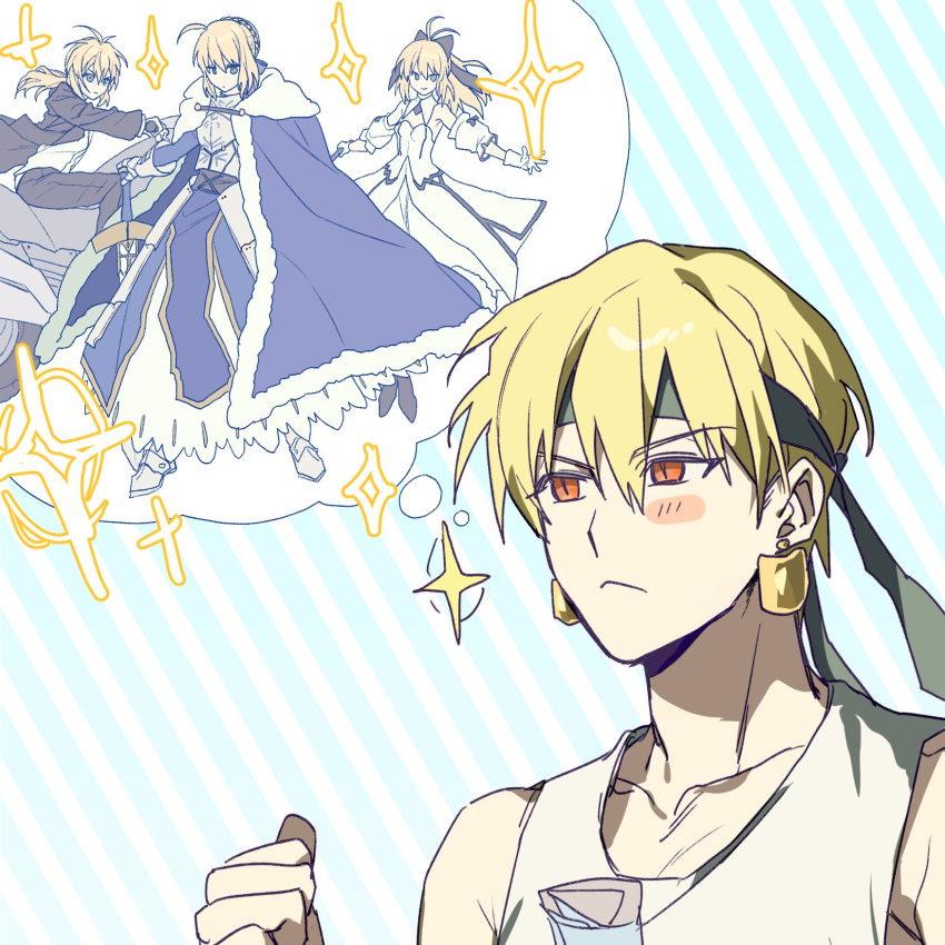 0304rong0304, 1boy, 3girls, :<, armor, armored_dress, artoria_pendragon_(fate), blue_cape