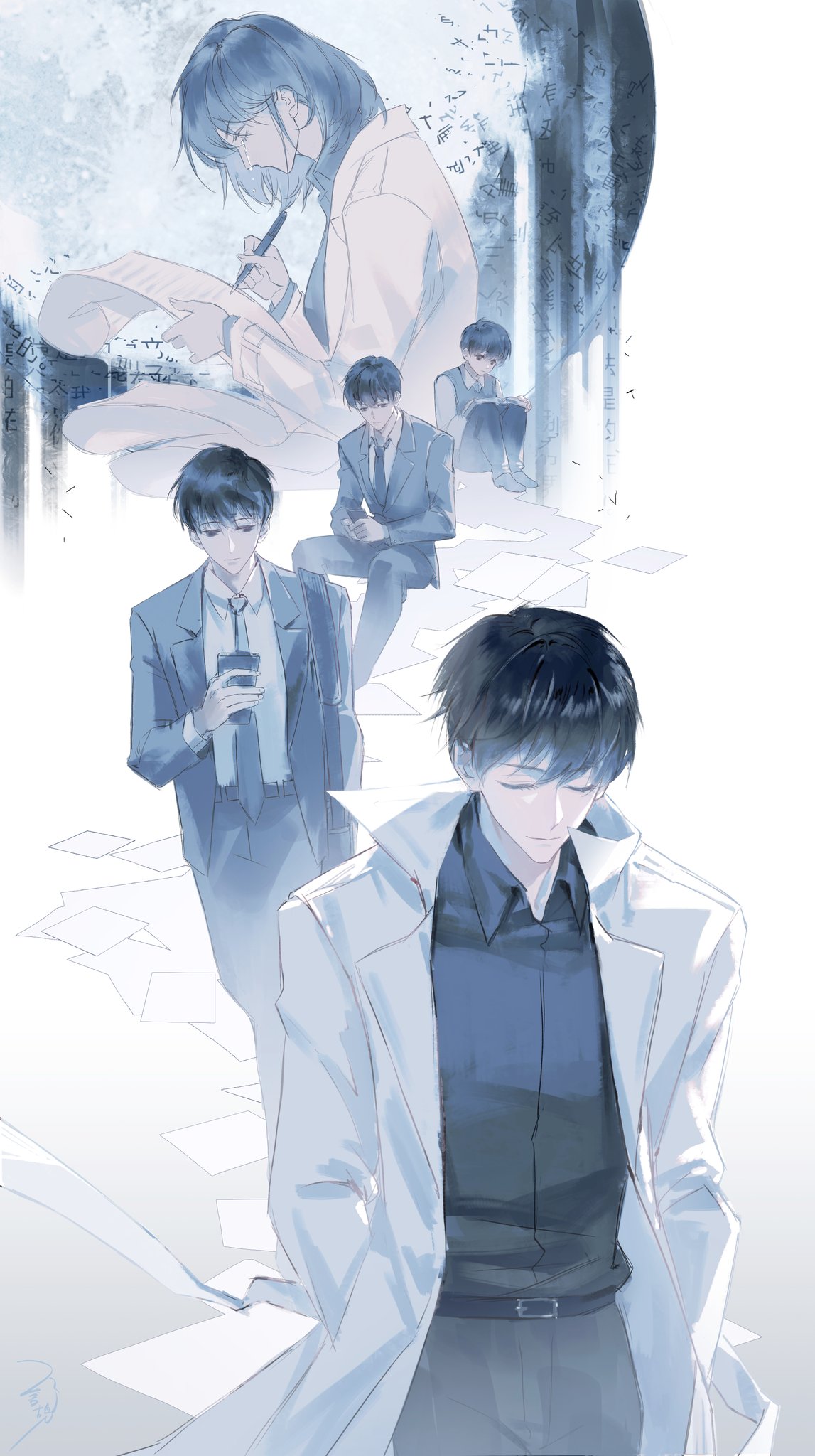 1girl, 4boys, age_progression, bag, black_hair, black_necktie, black_shirt, black_vest