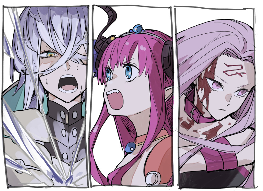 1boy, 2girls, armor, asclepius_(fate), asclepius_(third_ascension)_(fate), bare_shoulders, bikini_armor, bleeding, blood, blood_from_forehead, blue_eyes, breasts, closed_mouth, crossed_bangs, dragon_girl, dress, elizabeth_bathory_(brave)_(fate), elizabeth_bathory_(fate), facial_mark, fate/grand_order, fate_(series), forehead_mark, green_eyes, grey_hair, hair_between_eyes, highres, horns, jacket, ki_wa001, large_breasts, long_hair, looking_at_viewer, medusa_(fate), medusa_(rider)_(fate), multiple_girls, open_mouth, pauldrons, pink_hair, pointy_ears, purple_hair, red_armor, shoulder_armor, silver_trim, simple_background, small_breasts, sweatdrop, upper_body, very_long_hair, violet_eyes, white_background, white_hair