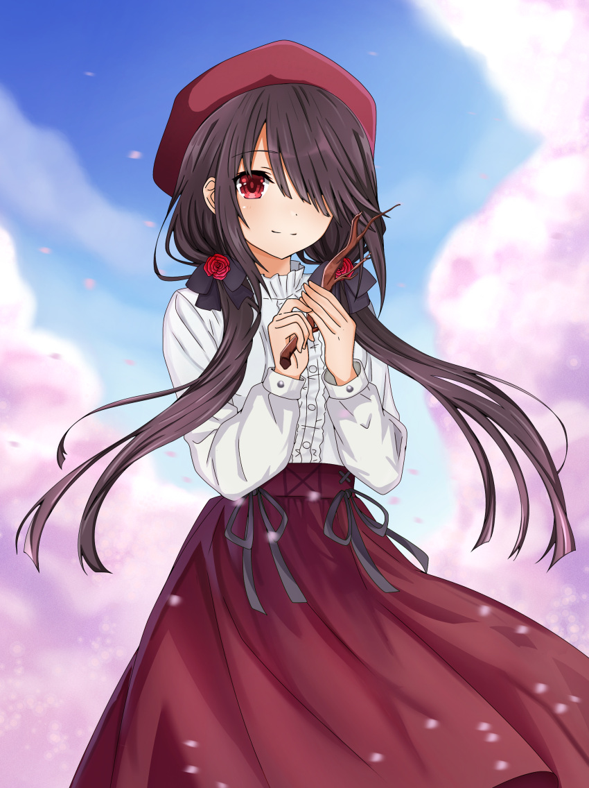 1girl, absurdres, alternate_costume, black_hair, cherry_blossoms, clock_eyes, date_a_live, dress, falling_petals, hat, highres, light_smile, long_hair, long_sleeves, looking_at_viewer, low_twintails, outdoors, petals, red_eyes, red_hat, red_skirt, shirt, skirt, smile, solo, symbol-shaped_pupils, tokisaki_kurumi, twintails, white_shirt, xdlloyd091x