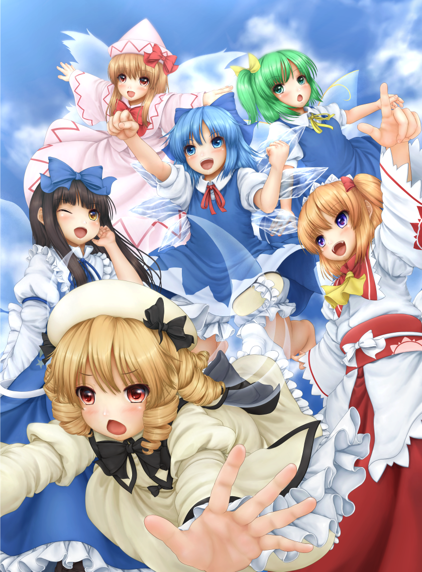 black_hair, blonde_hair, blue_eyes, blue_hair, blush, bow, cirno, clenched_hands
