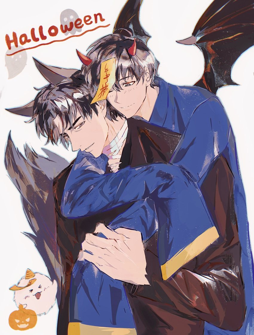 2boys, 8d2suga9, alternate_costume, animal_ears, bandaged_neck, bandages, bat_wings, biyoo_(omniscient_reader's_viewpoint), black_eyes, blue_hanbok, commentary, demon_horns, english_commentary, halloween, hanbok, hand_on_another's_wrist, highres, horns, hug, hug_from_behind, kemonomimi_mode, kim_dokja, korean_clothes, large_hands, looking_at_another, male_focus, multiple_boys, omniscient_reader's_viewpoint, one_eye_closed, oversized_clothes, tail, wide_sleeves, wings, wolf_ears, wolf_tail, yoo_joonghyuk