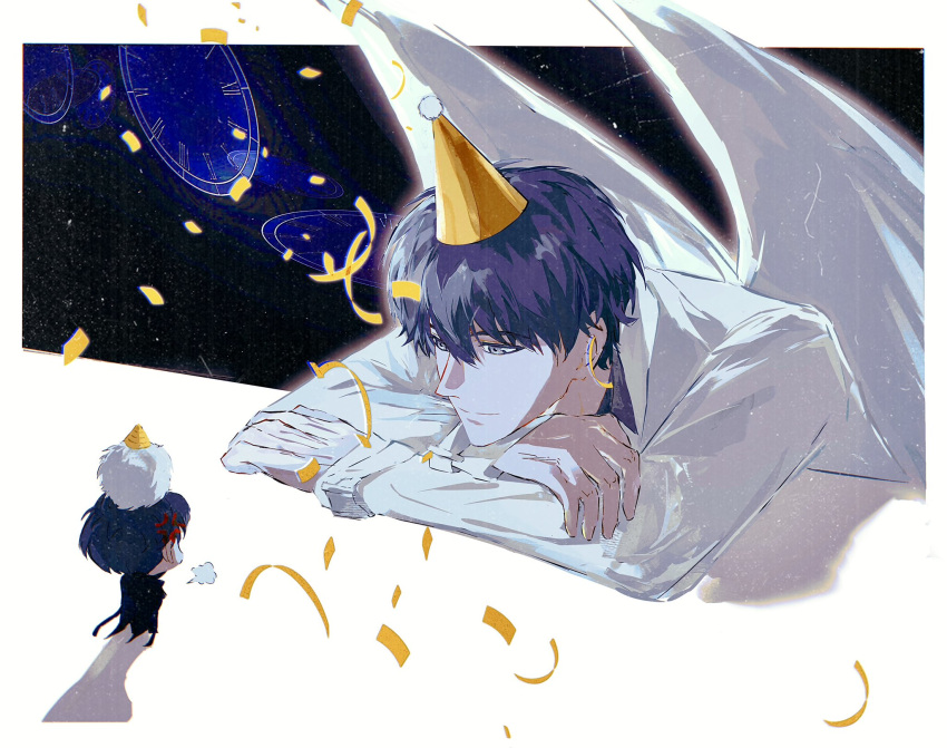 2boys, 8d2suga9, anger_vein, animal_on_head, biyoo_(omniscient_reader's_viewpoint), black_coat, black_eyes, black_hair, black_shirt, chibi, chibi_inset, coat, commentary, confetti, crossed_arms, english_commentary, feathered_wings, full_body, giant, hat, head_rest, highres, kim_dokja, looking_at_another, male_focus, mini_person, miniboy, multiple_boys, omniscient_reader's_viewpoint, on_head, party_hat, pom_pom_hat_ornament, shirt, short_hair, sky, smile, space, standing, star_(sky), starry_sky, stopwatch, white_coat, white_wings, wings, yoo_joonghyuk