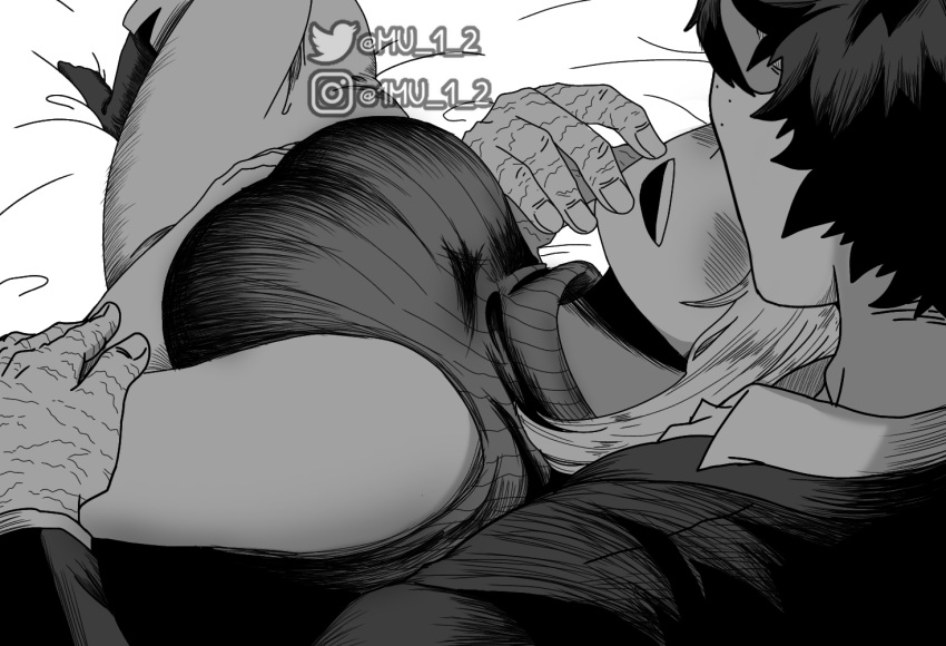 1boy, 1girl, boku_no_hero_academia, breasts, commentary, cuddling, english_commentary, freckles