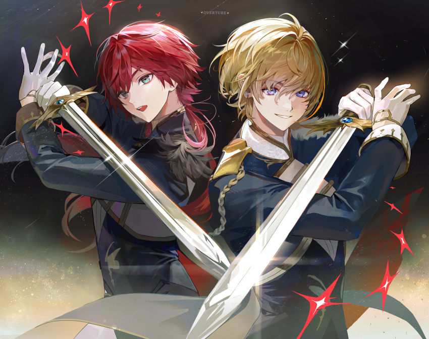 2boys, absurdres, aiguillette, back-to-back, black_jacket, blonde_hair, cape, fighting_stance