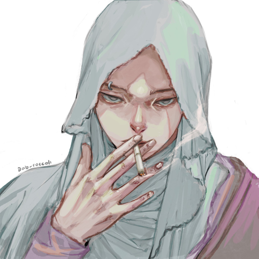1girl, ab_roccoli, artist_name, eyebrow_piercing, face_piercing, grey_eyes, highres, hijab