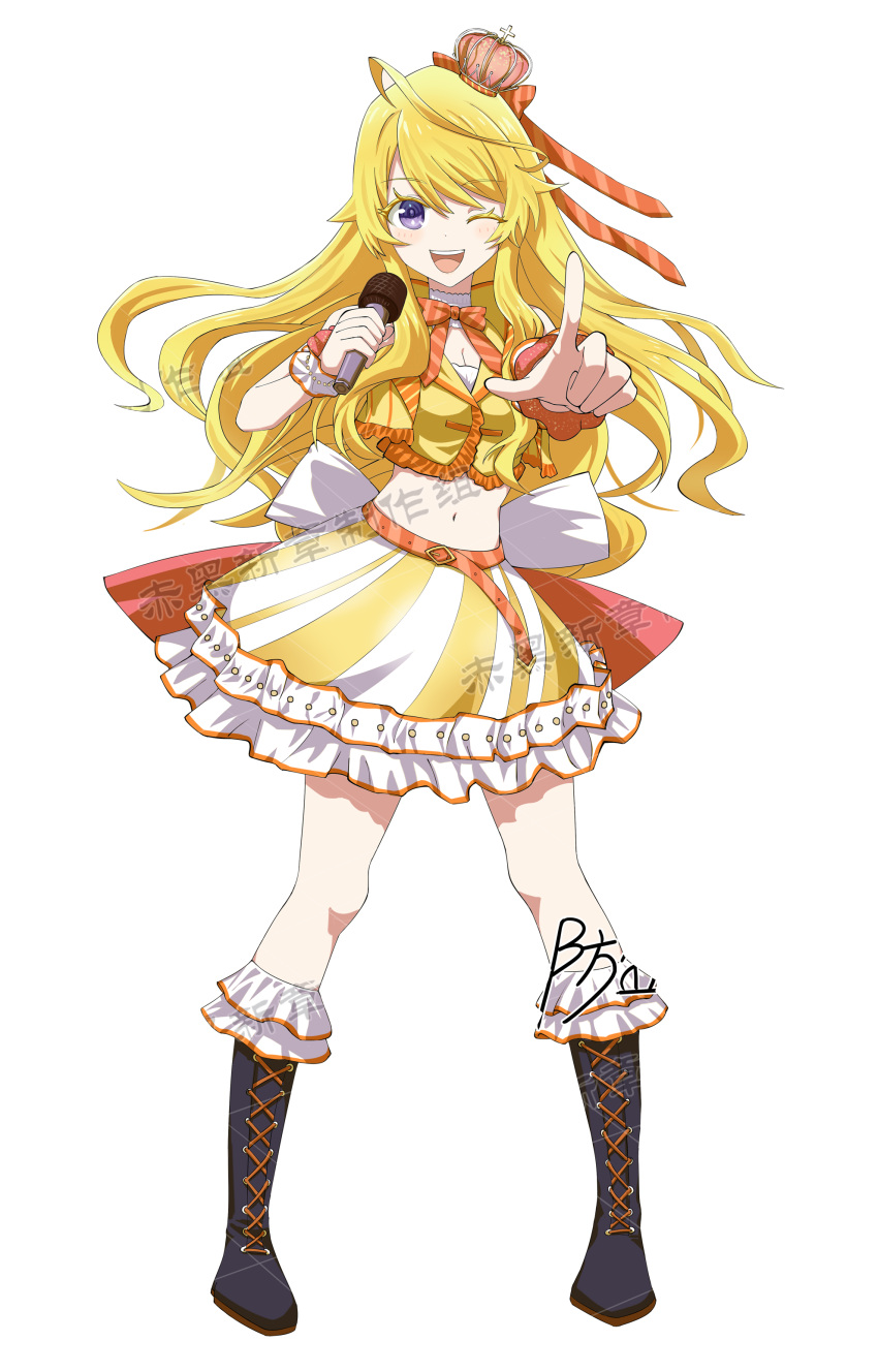 1girl, absurdres, arched_crown, artist_request, black_boots, blonde_hair, boots, crown