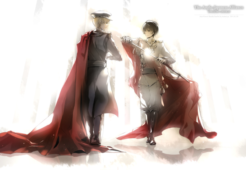 aiguillette, axis_powers_hetalia, blonde_hair, brown_hair, cape, hat, highres, japan_(hetalia)
