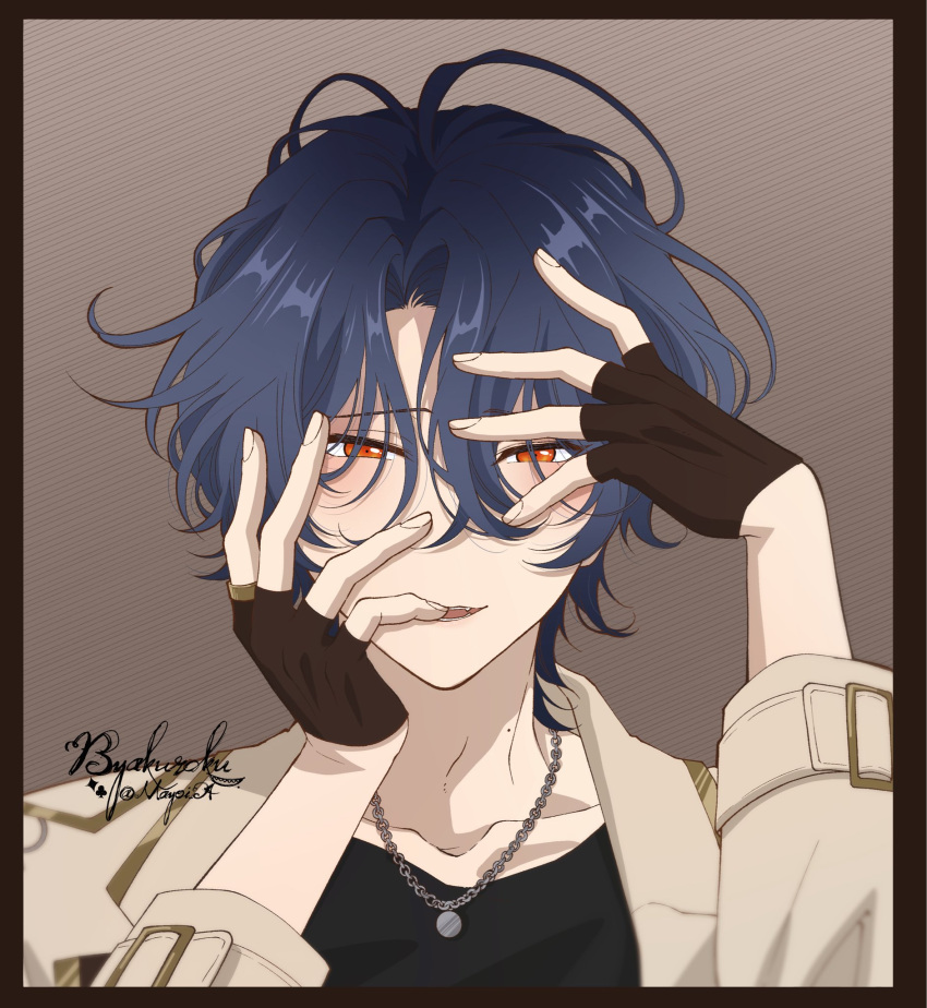1boy, black_gloves, blue_hair, border, commentary_request, ensemble_stars!, fangs, fingerless_gloves