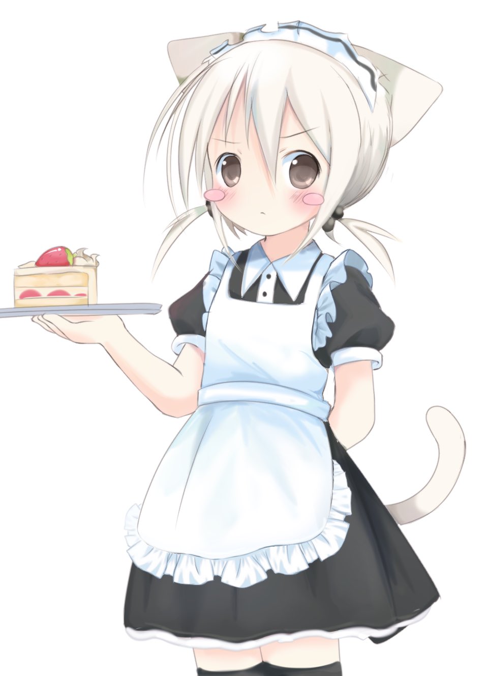 1girl, apron, arm_behind_back, blush_stickers, brown_eyes, cake, cake_slice, cat_girl