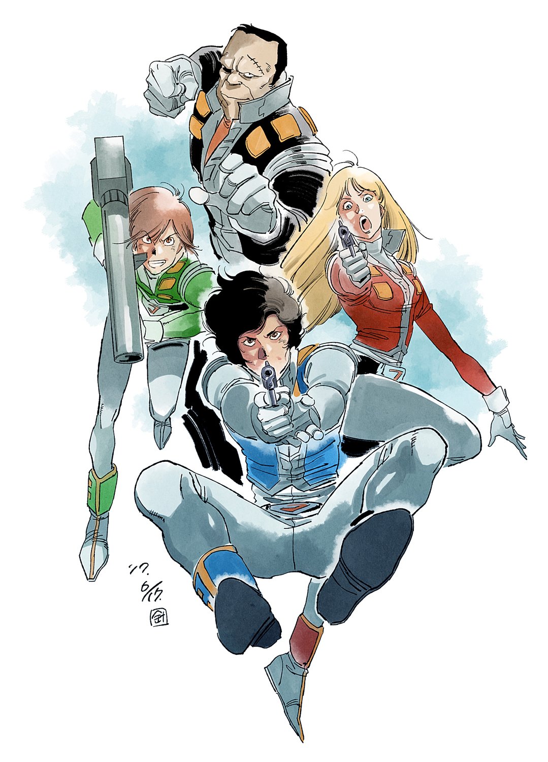 1girl, 3boys, aiming, aiming_at_viewer, alfin, belt, black_hair, blonde_hair